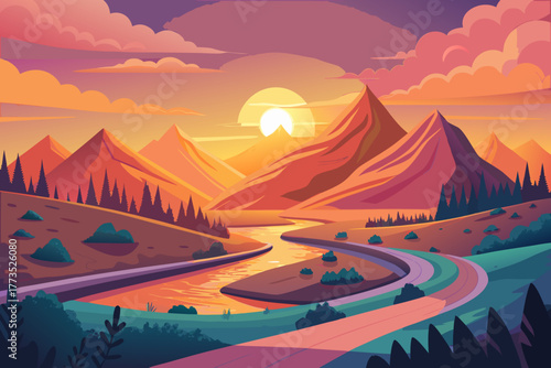 Colorful Mountain Landscape with River and Road at Dusk