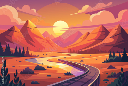Dramatic sunset over mountains with a winding railway track and river