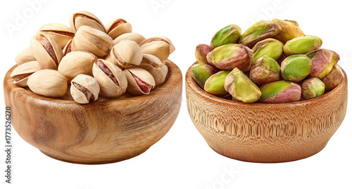 Two wooden bowls filled with shelled and unshelled pistachios (1)