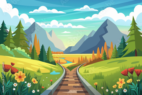 Fork in train tracks amidst a colorful autumn landscape with mountains