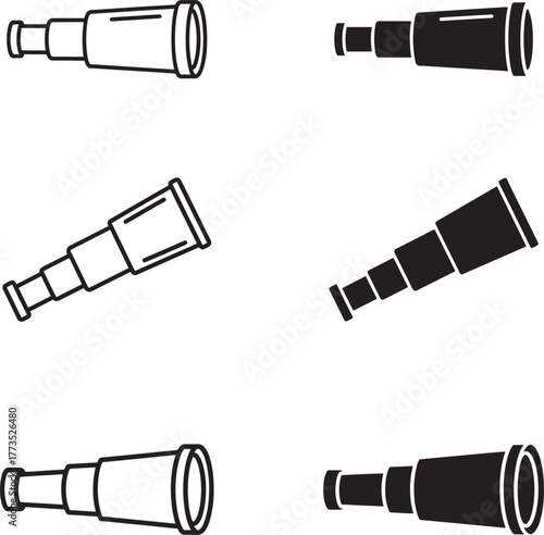 Collection of vintage spyglass and telescope illustrations in line art and silhouette style