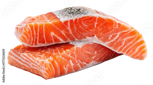 Two raw salmon fillets with visible white fat lines
