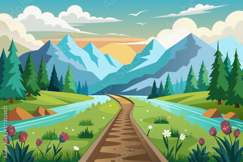 Mountain valley with a river and a railway track at sunset