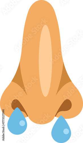 Cartoon human nose with mucus dripping out representing the common cold symptom of a runny nose