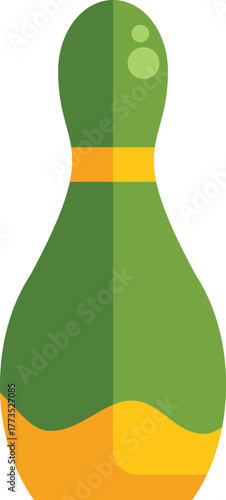 Green and yellow bowling pin standing up, simple vector illustration in flat style