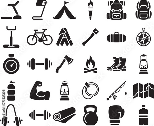 Treadmill tent torch backpack bicycle axe dumbbell campfire boots compass