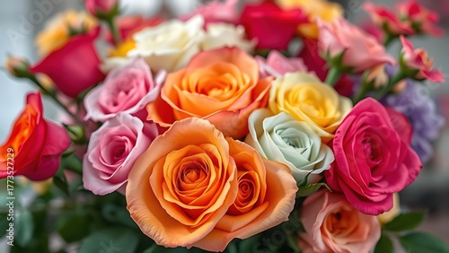 Vibrant bouquet of colorful roses against a soft floral background.