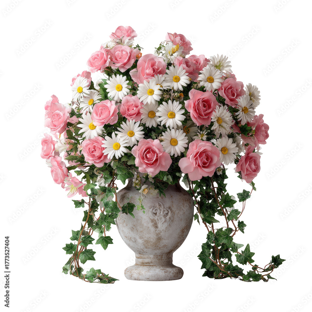 Obraz premium Elegant bouquet of pink roses, white daisies, and greenery in a vase