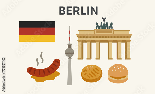Berlin Landmarks and German Food Icons – Bratwurst, Bread, Flag, and Brandenburg Gate