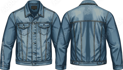 Front and back view of classic denim jacket with pockets, stitching details, distressed texture, fashion illustration for apparel design