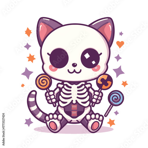 Cute Kawaii Cat Skeleton Character Sitting with Candy and Stars Halloween Vector Illustration, Funny Adorable Spooky Animal Art Design