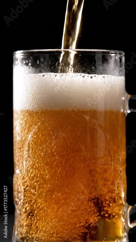 Wallpaper Mural A close-up shows beer being poured into a frosty mug, forming a foamy head, with a black background Torontodigital.ca