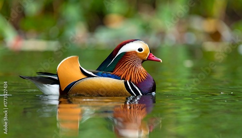 Vibrant waterfowl floats on calm water, reflecting its plumage
