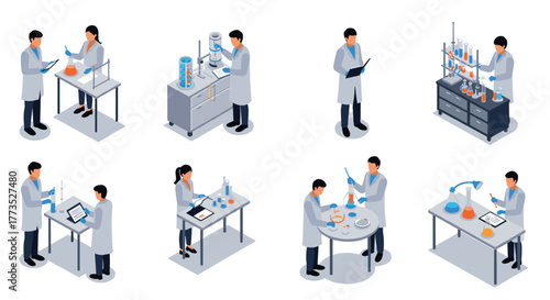 Diverse scientists in isometric laboratory performing experiments with modern equipment