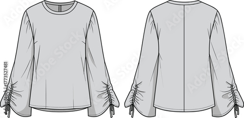 Long Sleeve Blouse with Drawstring Ruched Sleeves – Front and Back Technical Fashion Vector Illustration for Apparel Design and Production