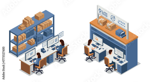 Isometric office workers with computers in warehouse and shipping environment