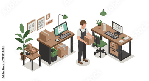 E-commerce warehouse office with worker holding package in isometric design