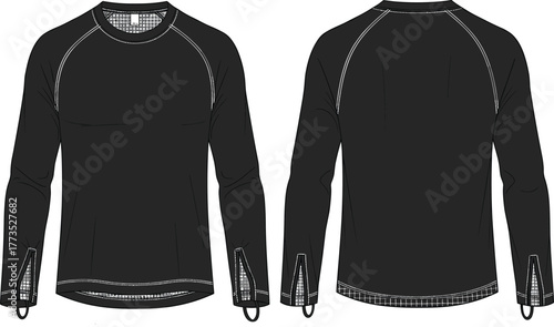 Technical flat sketch of black long sleeve athletic shirt with raglan sleeves, thumbhole cuffs, zipper details, and contrast stitching