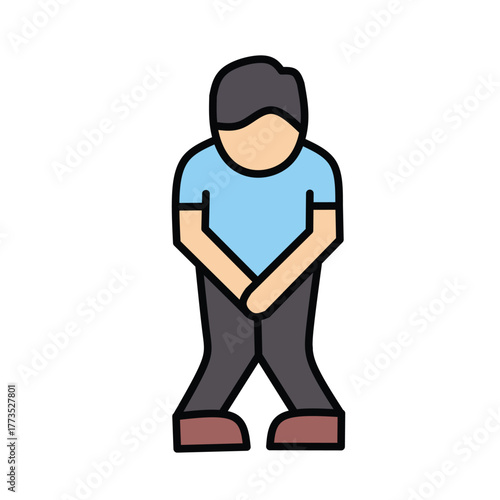 Vector illustration depicting a person experiencing urinary urgency, holding their bladder area due to discomfort, symbolizing the immediate need for a restroom
