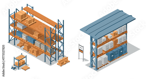 Isometric warehouse storage shelves with boxes and pallets alongside industrial loading area