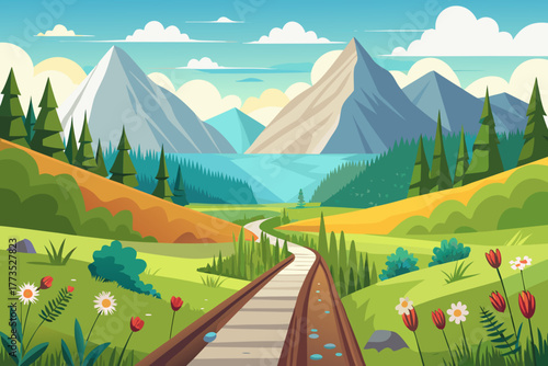 Train tracks leading towards a vast lake and distant mountains under a cloudy sky