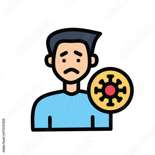 Distressed individual icon grappling with viral infection, representing public health crisis, quarantine, sickness, and global pandemic impact on human well-being
