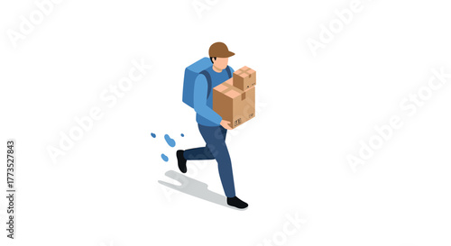 Isometric delivery person carrying package in motion with shadow effect on white background