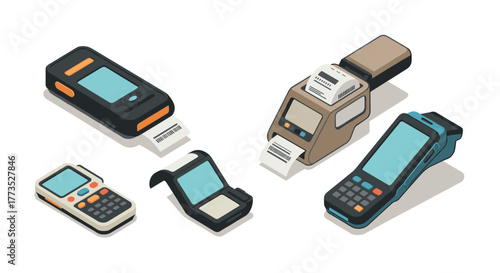 Isometric barcode scanners and pos devices on white background