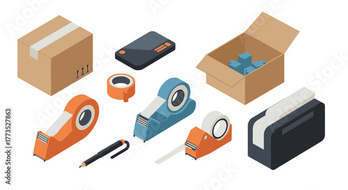 Isometric office supplies set with tape dispensers and packaging tools