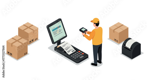 Isometric logistics technology with worker scanning packages in warehouse setup