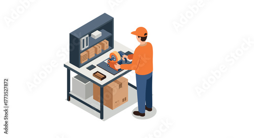 Isometric warehouse worker packing boxes with tape at shipping station