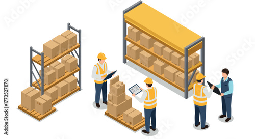 Isometric warehouse scene with workers managing inventory on shelves