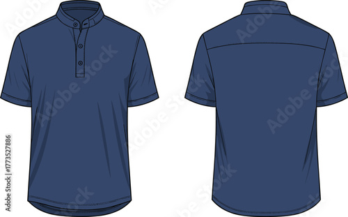 Vector illustration of men's short sleeve mandarin collar shirt front and back view, navy blue fashion garment technical sketch