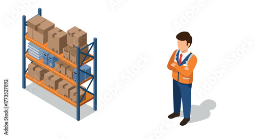 Warehouse worker in safety vest with stacked cardboard boxes on shelving in isometric design