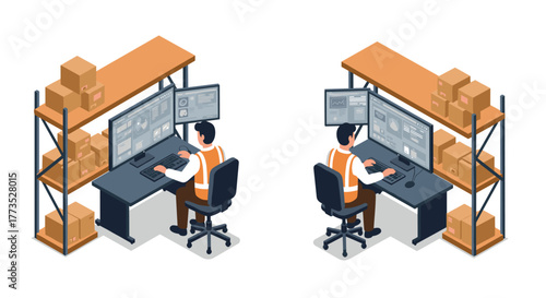 Logistics control room with workers monitoring inventory on dual screens