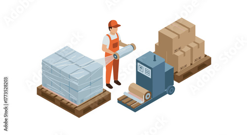 Warehouse worker operating packaging machine in isometric style