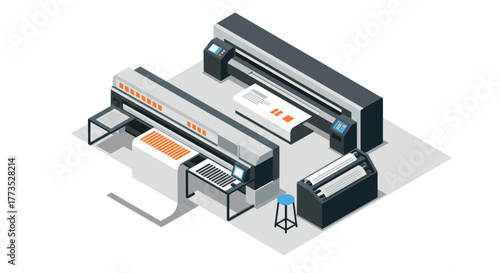 Modern printing equipment in isometric design for industrial use