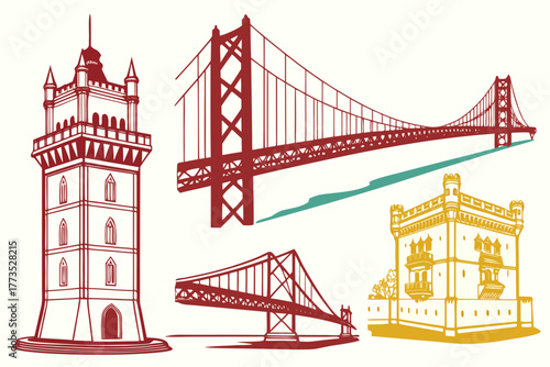 set of Bridge and Tower Silhouette vector illustration Isolated on White Background