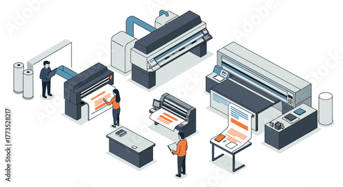 Modern large-scale printing process in industrial isometric style