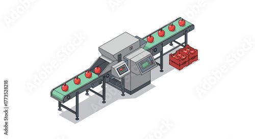 Isometric factory conveyor with tomatoes and control system