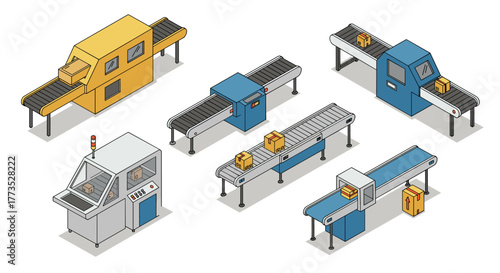 Isometric conveyor belt design with packaging machines and boxes