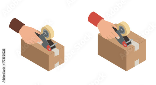 Isometric hands sealing cardboard boxes with packaging tape on white background