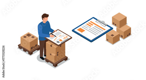 Isometric warehouse management: worker organizing inventory with clipboard