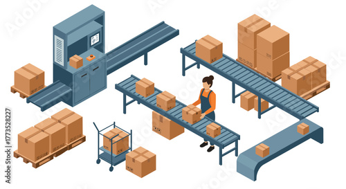 Isometric warehouse conveyor with worker handling packages for shipping and logistics