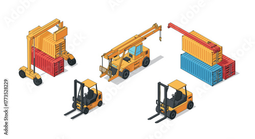 Isometric cargo handling equipment set with forklifts and cranes