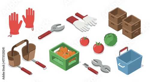 Isometric gardening tools and vegetables with tomatoes and gloves for farming concepts