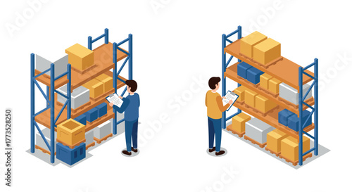 Isometric warehouse management: workers checking inventory on shelves