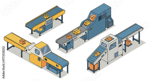 Isometric conveyor belts and packaging machines in warehouse setting