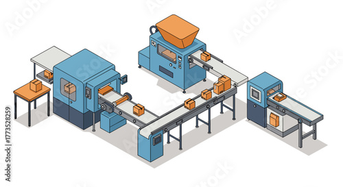 Isometric factory assembly line with conveyor belt and packaging machines