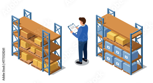 Warehouse inventory management isometric design with shelves and boxes